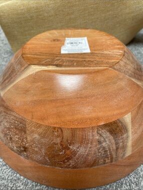 Acacia wood salad / fruit bowl with cream enamel interior - NWT